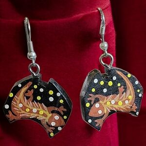 Vtg 60's Hand Crafted Painted Wooden Salamander Wire Fish Hook Pierced Earrings